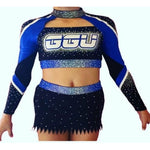 Custom Cheer Uniform; Royal Blue and Black cheerleading uniform; skirt and long sleeved crop
